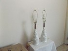 Lamps 2 Biomorphic Mid Century Modern Pair Danish White Ceramic Teak Wood 1960s