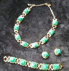 Trifari Crown Thermoset Caravan Set  Green Stones Earrings  Bracelet  Necklace 
