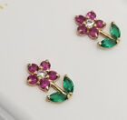 Child Baby Kids Flower Cz Ruby Emerald  Stud Earrings 14k Yellow Gold Screwback 