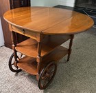 Vtg Brown Wood Oval Serving Cart Tea Trolley  2-tier 2 Shelves  2 Wheels