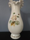 Vintage White Bristol Blown Glass Ruffle Top Vase Hand Painted Flowers Gold 10   