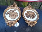Vintage Pair Of 1977 Syroco Mcm Wall Plaques 7490b Floral Gold cream