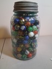 250 Assorted Vintage Marbles In  Blue Atlas Strong  Shoulder Mason Jar