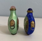 Snuff Bottles Crane Bird Design   Lid - Set Of 2 - Enamel On Brass - Vintage