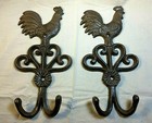 Set Of 3 Rooster Double Hooks Rustic Brown Bronze Vintage Country Heavy Duty