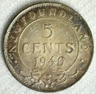 1940 C Newfoundland Silver Five Cents Coin Uncirculated Canadian 5c Crowned Bust