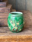 Antique Chinese Porcelain Drum Form Jar Prunus Famille Verte Wang Bingrong Qing