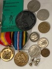 Vintage Junk Drawer Lot Working Watch Coins Military Medals Commemorative More  