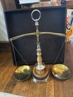 Vtg Scales Of Justice Brass Wood   Metal Mcm Antique Brass Tone Balance