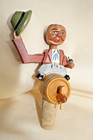 Vintage Carve Wood Mechanical Bottle Cork Stopper Man Tipping Hat Astride Barrel