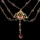 Antique Art Nouveau Victorian Pink Glass Bezel Stone Gold Tone Festoon Necklace
