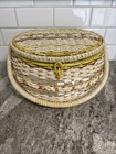 Vintage 1960s Large Round Japan Wicker Sewing Basket Footed Full Of Supplies 