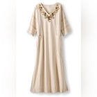 Soft Surroundings Ibiza Caftan Maxi Dress Tan White Stripes Seashell Embroidery