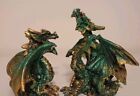 Small Dragon Statue Set In Green And Gold Mythical Fantasy Small Dragon Figurine