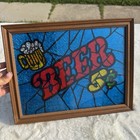Beer Sign Vintage Glitter Art Glass Pub Room Bar Framed Mancave Mirror Foil