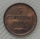 1938 R San Marino 5 Centesimi Bronze Coin Mint Red Uncirculated Mintage 200 000