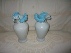 Antique Pair Hand Blown White Cased Blue Ruffled Edge Art Glass Vases 12  Tall