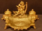 1800 s Victorian Cherub Fairy Moon Gold French Inkwell Ink Well Cobalt Glass