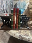 Vintage Enesco   school Daze  Wooden And Cast Iron School Desk   Books Bookends