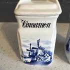 German Delft 2pc Blue   White Ceramic Porcelain Spice Jars W  Lids Windmill Pat