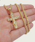 Real 10k Gold Rope Chain Jesus Cross Charm Pendant Set 18-28  Inch 3mm Necklace