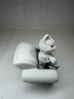 White Cat kitten Figurine On Chair With Pink   Blue Flowers Porcelain