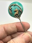 Antique Hatpin Whimsical Ribbons Flow Around Gold Seahorse Teal-green Wafer