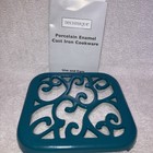 Technique Teal Blue Porcelain Enamel Coated Cast Iron Square Scroll Trivet New