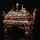Chinese Rare Old Red Copper Handmade Inlaid Gems Tibetan Style Incense Burner