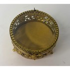 Vintage Gold Filigree Beveled Glass Round Trinket Box Footed Vanity Case