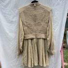 Women   s Beige Quilted Pleated A-line Dress S Mock Neck Long Sleeve Zip Short