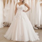 Simple A-line Wedding Dress V-neck Applique Lace Up Plus Size Train Bridal Gown 
