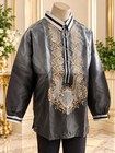 Men   s Charcoal Gray Barong Tagalog     Gold Embroidered Filipino Formal Shirt