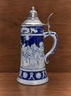 Antique German Beer Stein Wk Musterschutz 297 Cobalt Blue Relief Pewter Lid 9