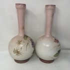 Antique Vintage Hand Painted Bristol Glass Vase Pair Floral Pink Gold Round Base