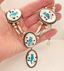 Na Sterling Silver Turquoise Coral Jet Mother-of-pearl Blue Bird Inlay Necklace