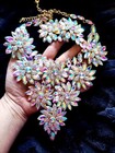 Large Glass Crystal Rhinestone Breast Shield Necklace Earring Set Ab Iridescent