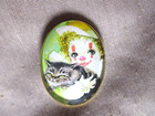 Glass Dome Pict Button -  little Clown  Pierrot Harlequin Holding A Gray Cat