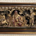 Fine Old Qing Chinese Relief Carved Gilded Wood Panel Plaque Emperor Court Scene