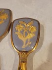 Vtg Vanity Dresser Set- Handheld Mirror   Brush  Gold Tone Metal Handles Floral