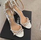 Harlo Australia White Wedding Block Heel Open Toe Pearl Zipper Satin Shoes