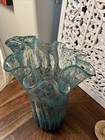 Blown Glass Teal Vase Gold Accents Heavy Vessel Display Flowers Plants 14 Inch