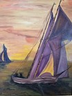 Vintage Mcm Sailboat Oil Painting Sunset Seascape Signed Nautical Antique Art 