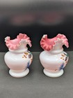  Pair Antique Bristol Art Glass Vases Hand Painted Floral Decor Ruffled Top