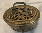 Vintage Oval Pierced Brass Potpourri Cricket Box   Hinged Trinket Box Tins