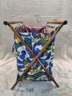 Vtg Folding Wooden Sewing Basket Caddy Storage 60-70s Fabric Blue Floral Paisley