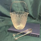 Brockway Nouveau Clear Glass Ice Bucket Hammered Metal Handle   Tongs Vtg 1970s