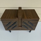 Vintage Large Wood Accordion Sewing Box With Legs Expandable