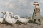Vintage Painting  girl With Geese   1800s  Canvas Wall Art Picture Print