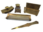 Antique S w  Farber New York Brass 5-pc Desk Set Crystal Inkwell Letter Opener